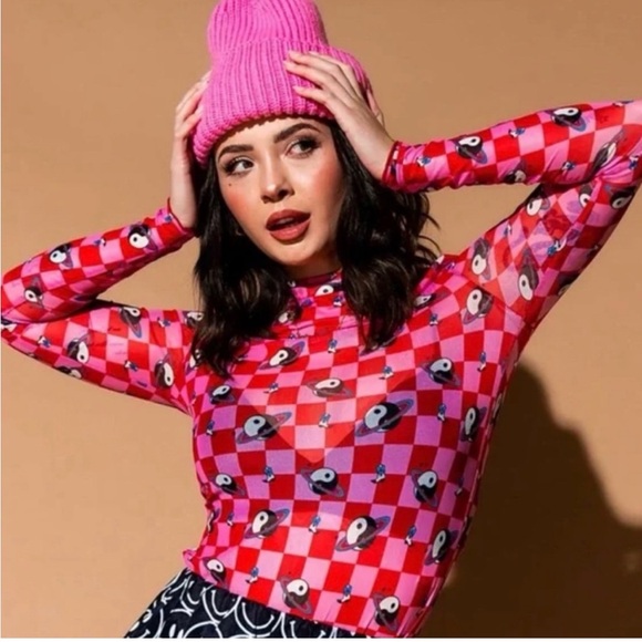 Dressed in LALA Tops - Dressed in Lala Long Sleeve Mesh Top Cosmic Cowgirl pink red checker yin yang M